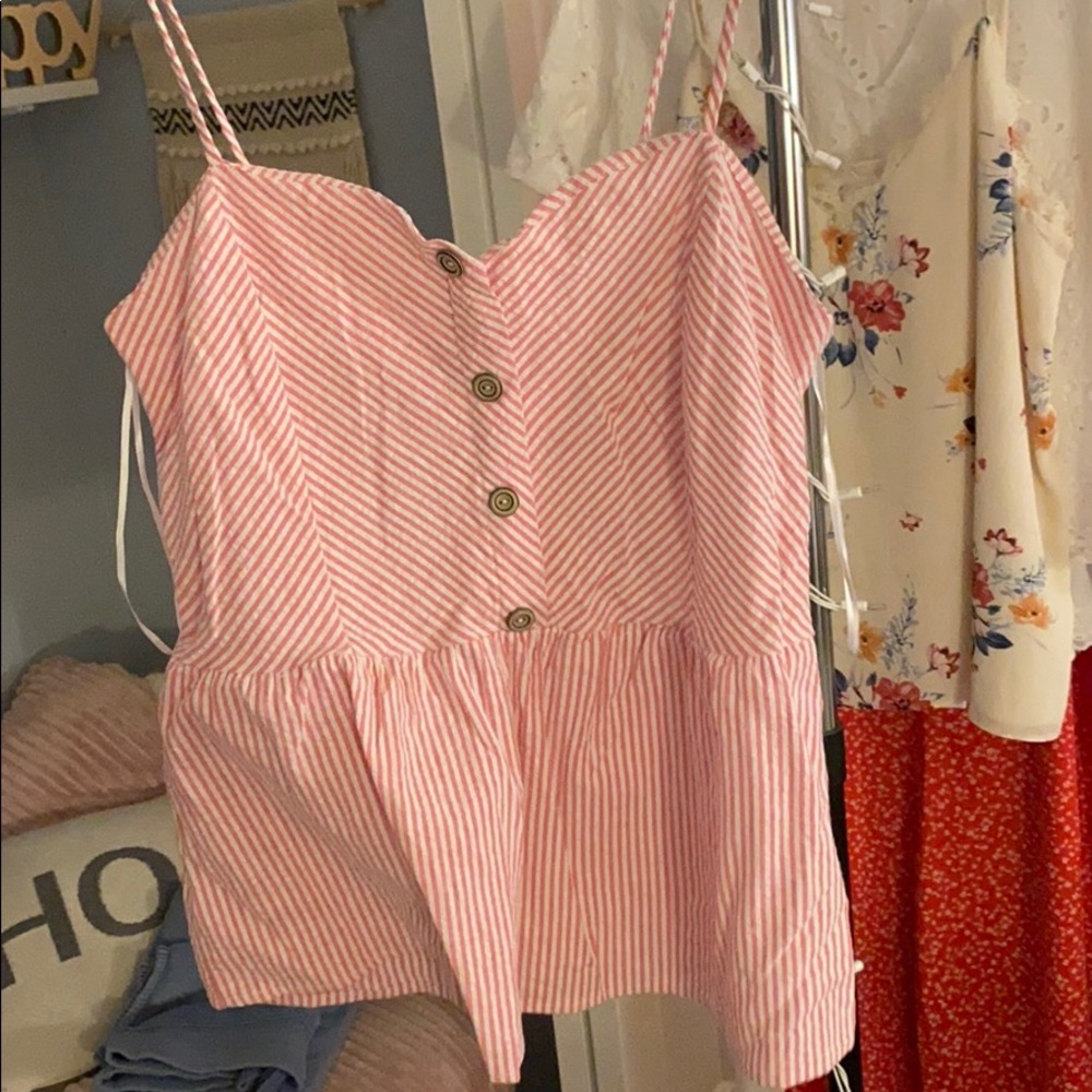 Pink Seersucker peplum tank